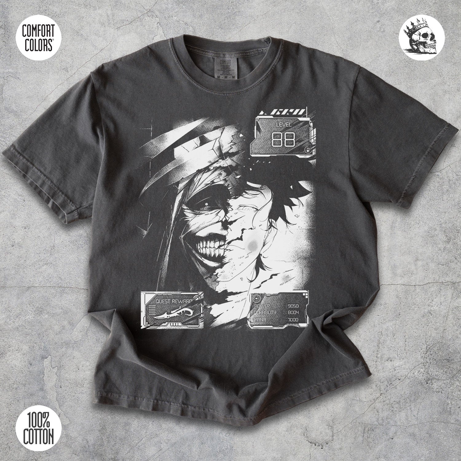 Sung Jin-Woo Solo Leveling Shadow Monarch t-shirt by Cruel Royalty, vintage anime streetwear on Comfort Colors.