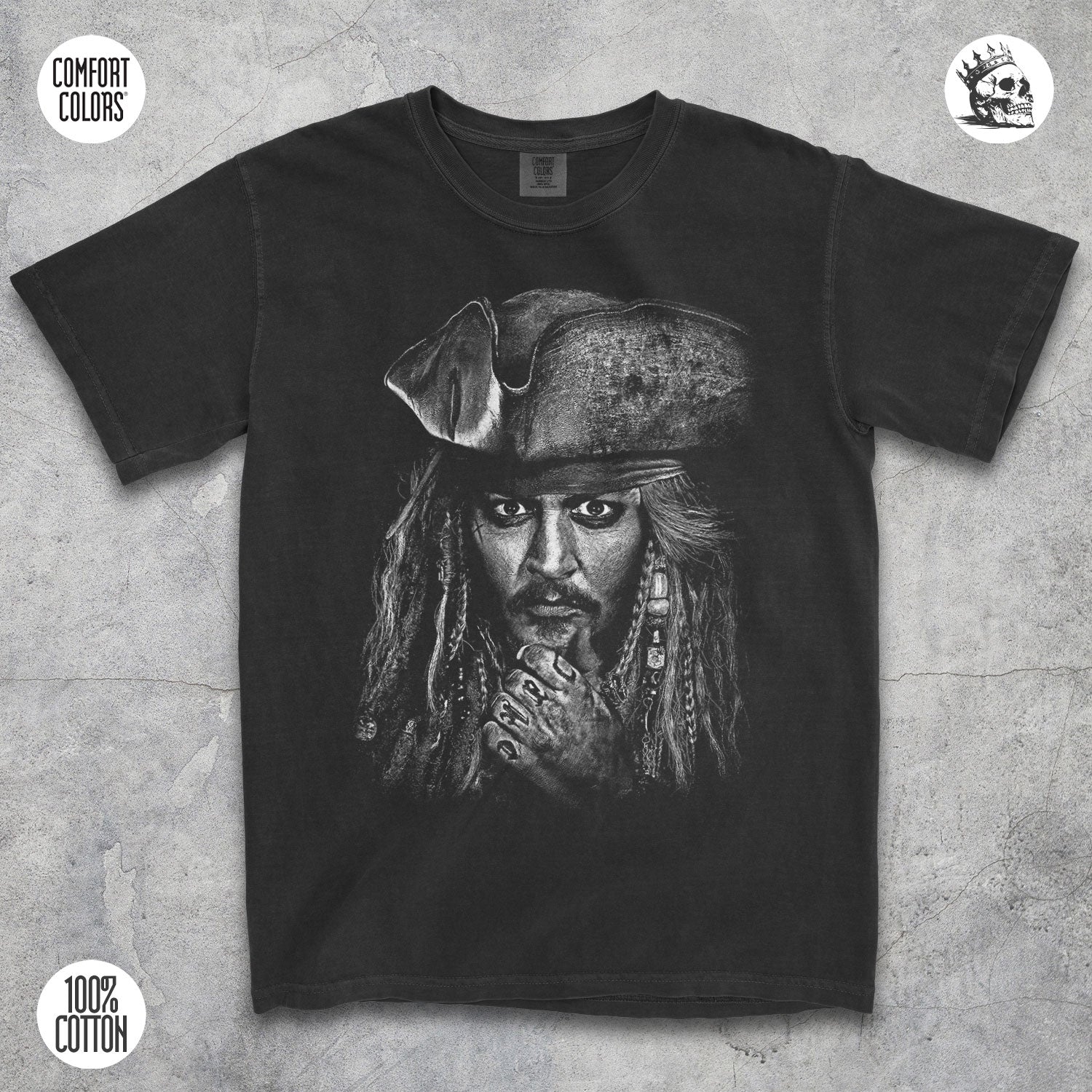 Captain Jack Sparrow Pirates of the Caribbean t-shirt by Cruel Royalty, vintage pirate streetwear on Comfort Colors.