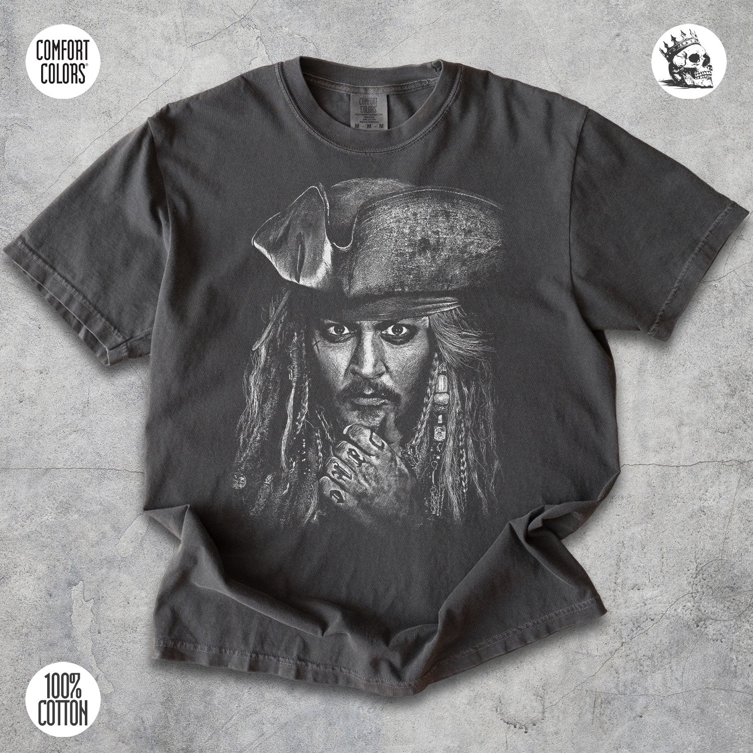 Captain Jack Sparrow Pirates of the Caribbean t-shirt by Cruel Royalty, vintage pirate streetwear on Comfort Colors.