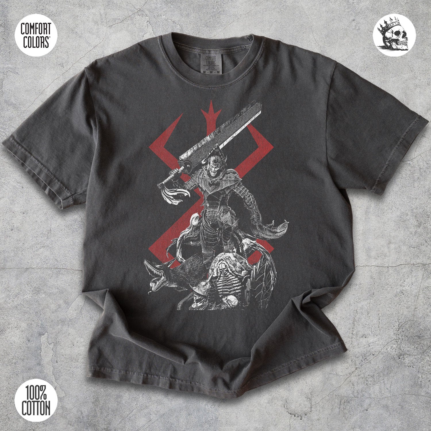 Guts Berserk dark fantasy anime graphic t-shirt by Cruel Royalty, vintage streetwear printed on Comfort Colors.
