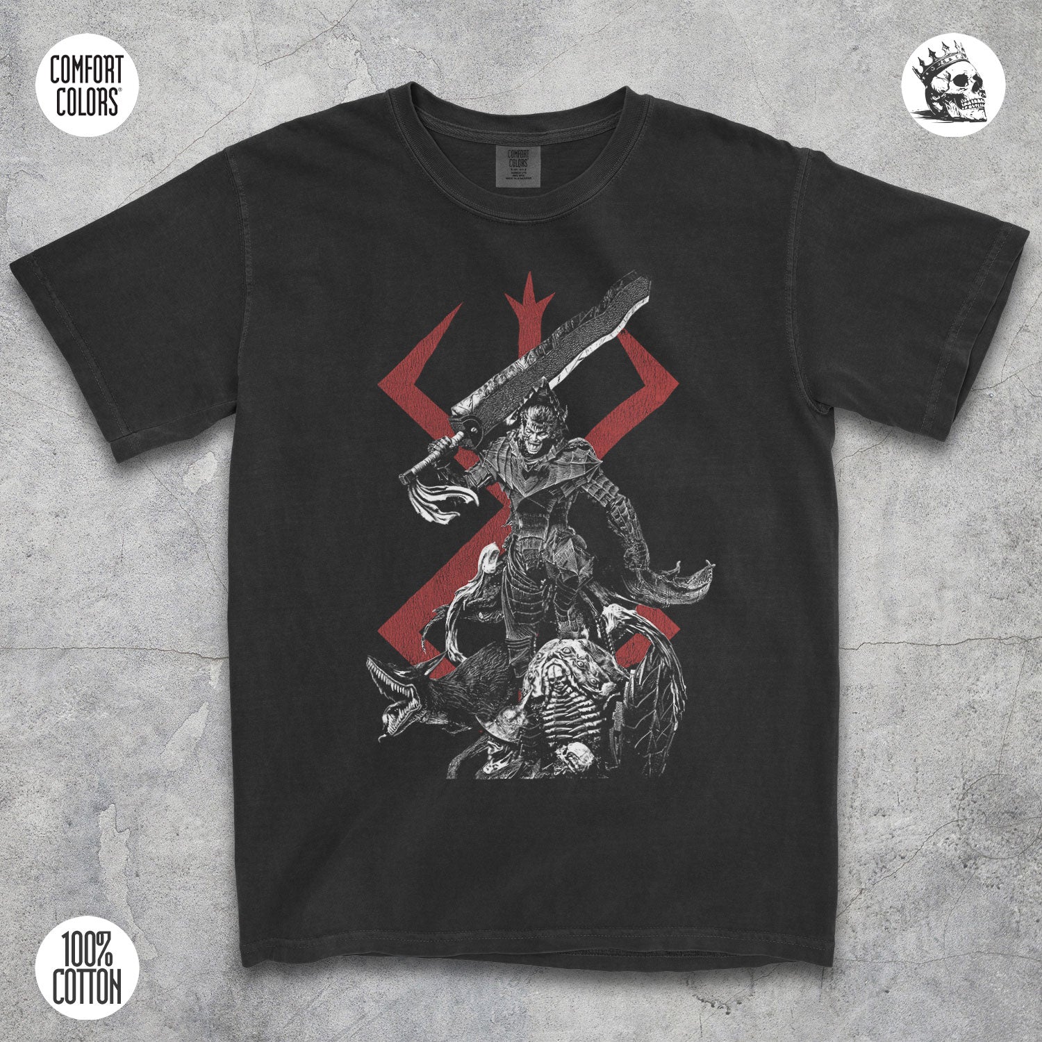 Guts Berserk dark fantasy anime graphic t-shirt by Cruel Royalty, vintage streetwear printed on Comfort Colors.