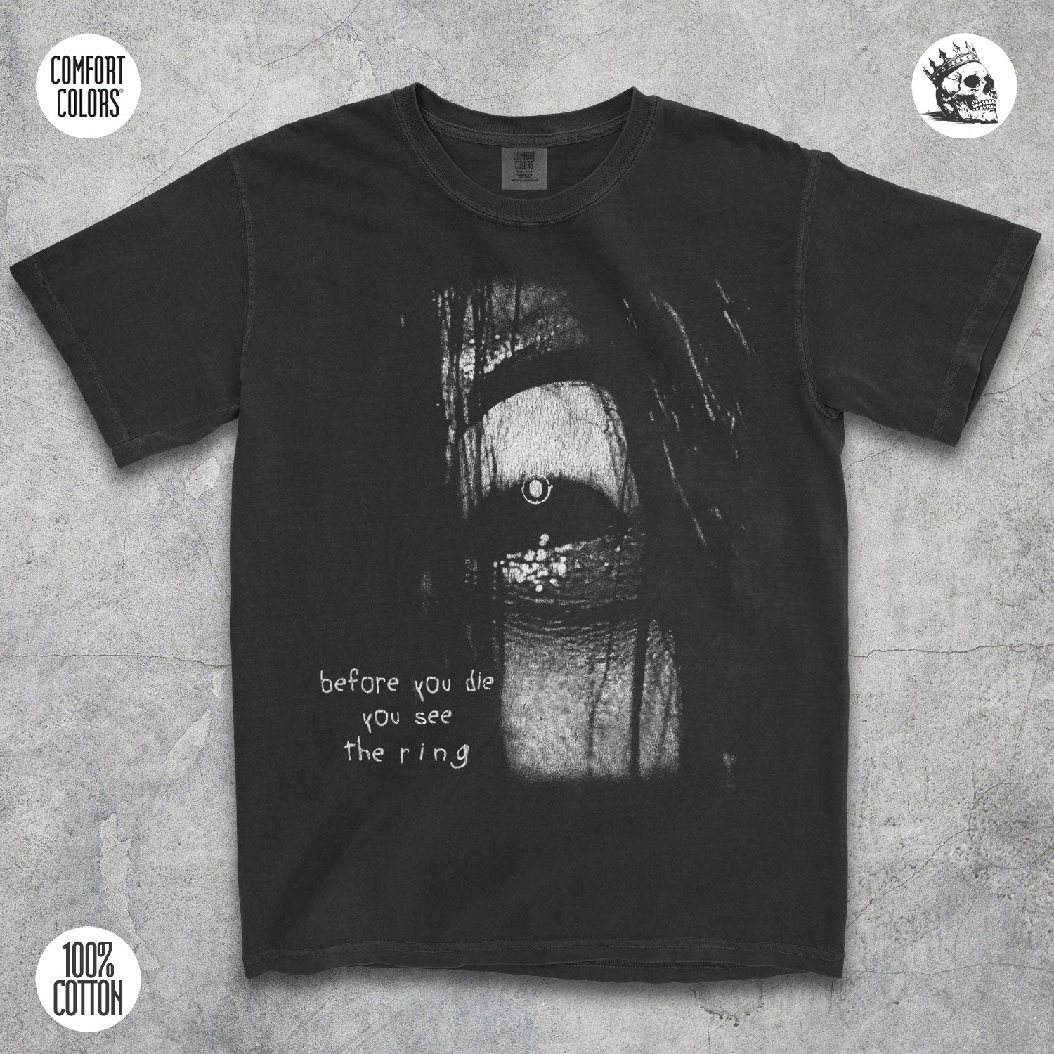 Samara The Ring horror movie graphic t-shirt by Cruel Royalty, vintage streetwear on Comfort Colors.