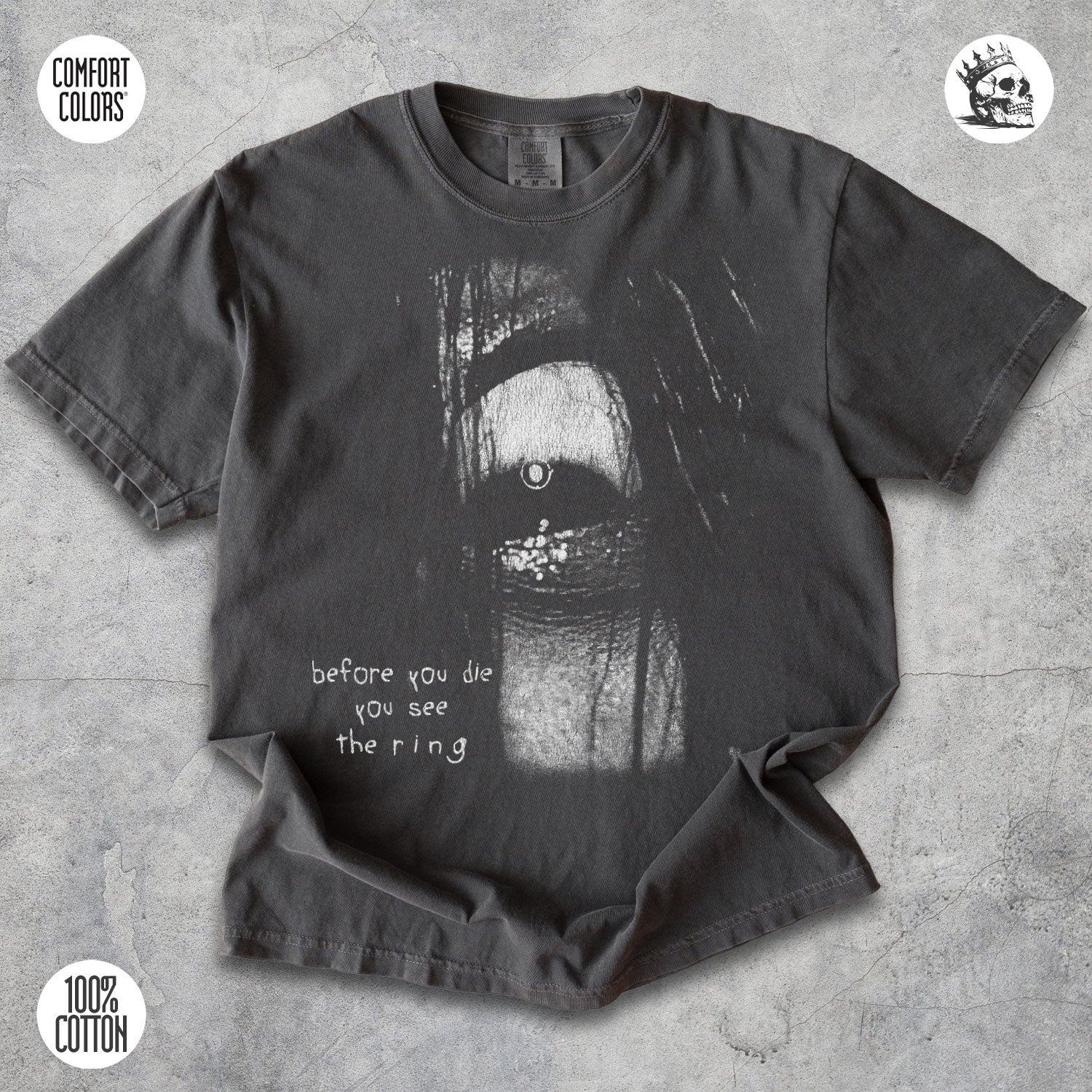 Samara The Ring horror movie graphic t-shirt by Cruel Royalty, vintage streetwear on Comfort Colors.