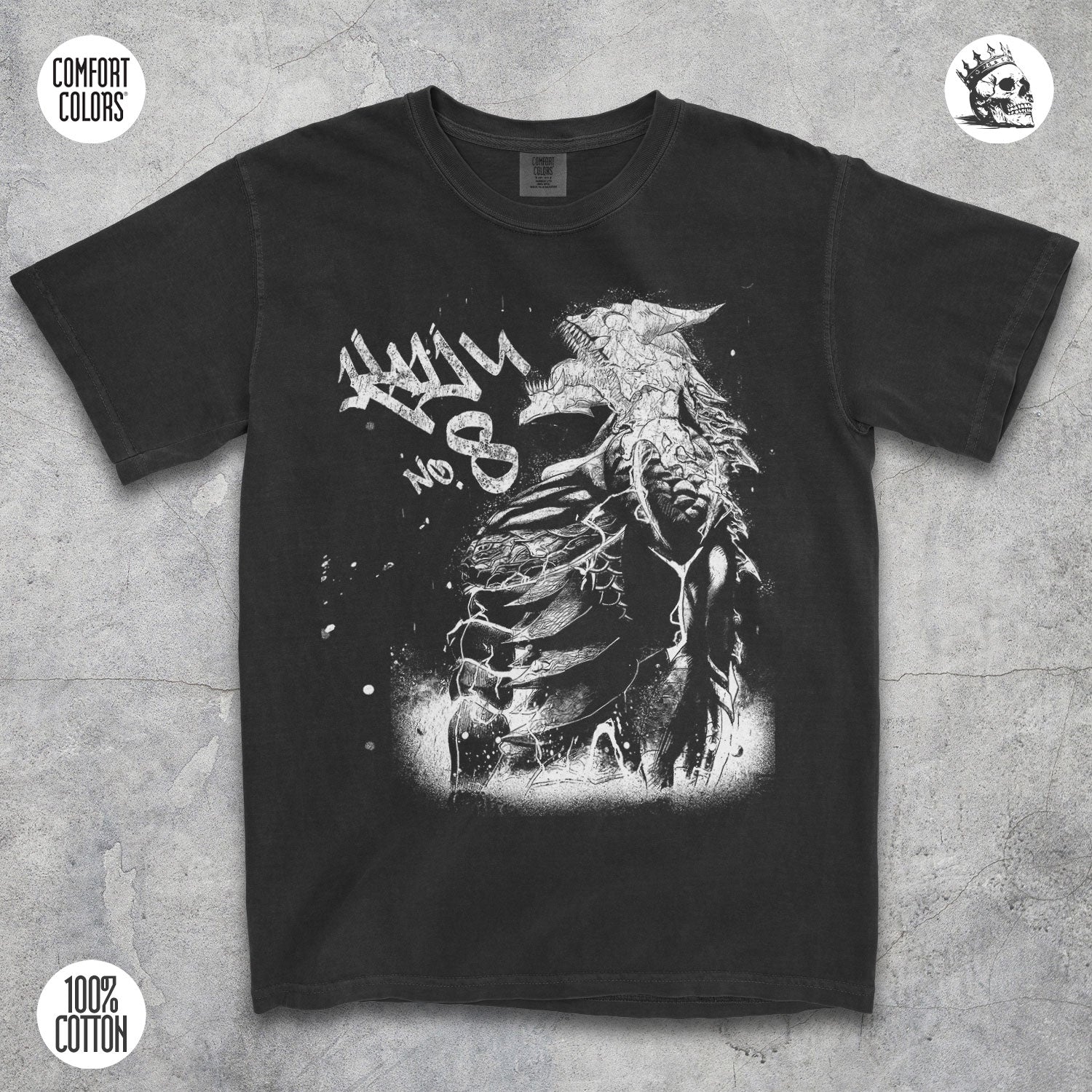 Kaiju No. 8 anime graphic t-shirt by Cruel Royalty, vintage streetwear design printed on Comfort Colors.