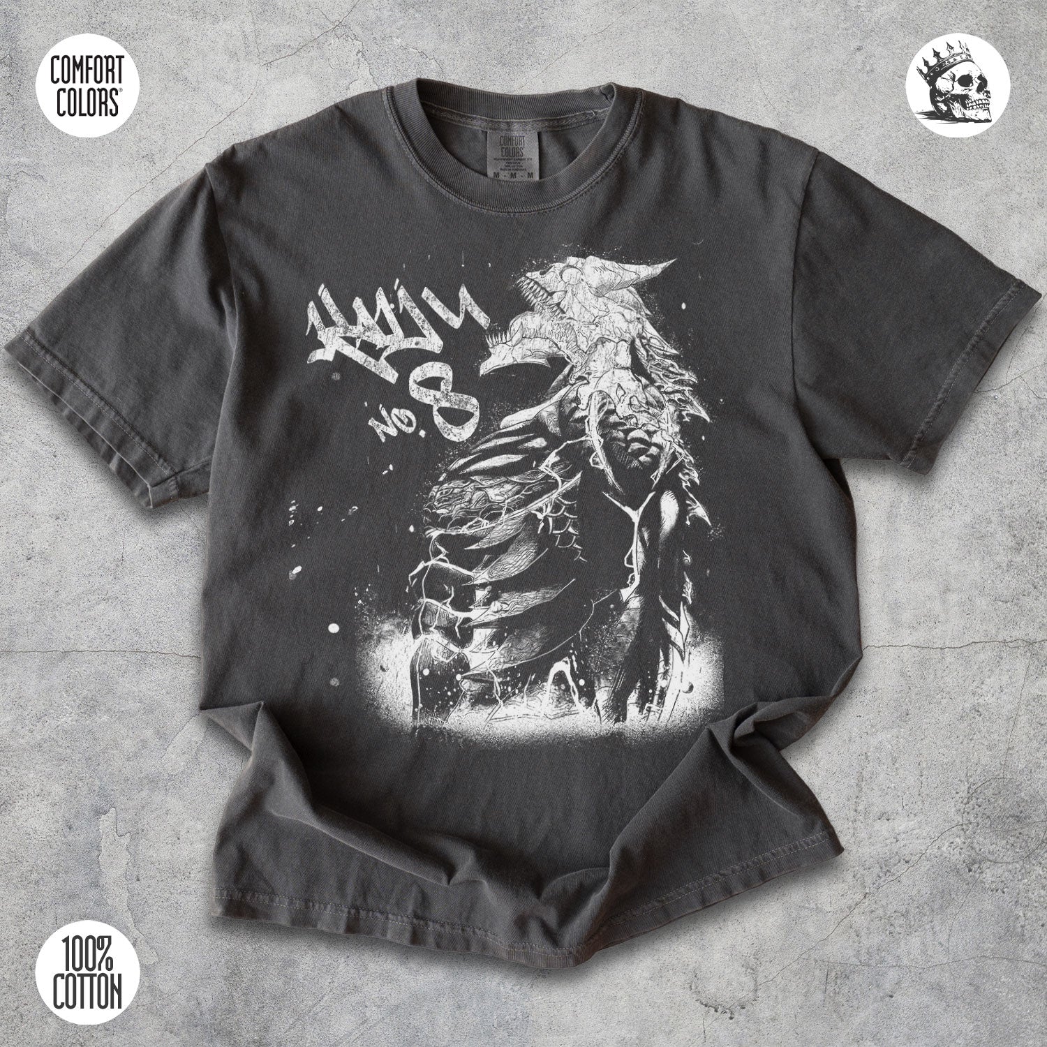 Kaiju No. 8 anime graphic t-shirt by Cruel Royalty, vintage streetwear design printed on Comfort Colors.