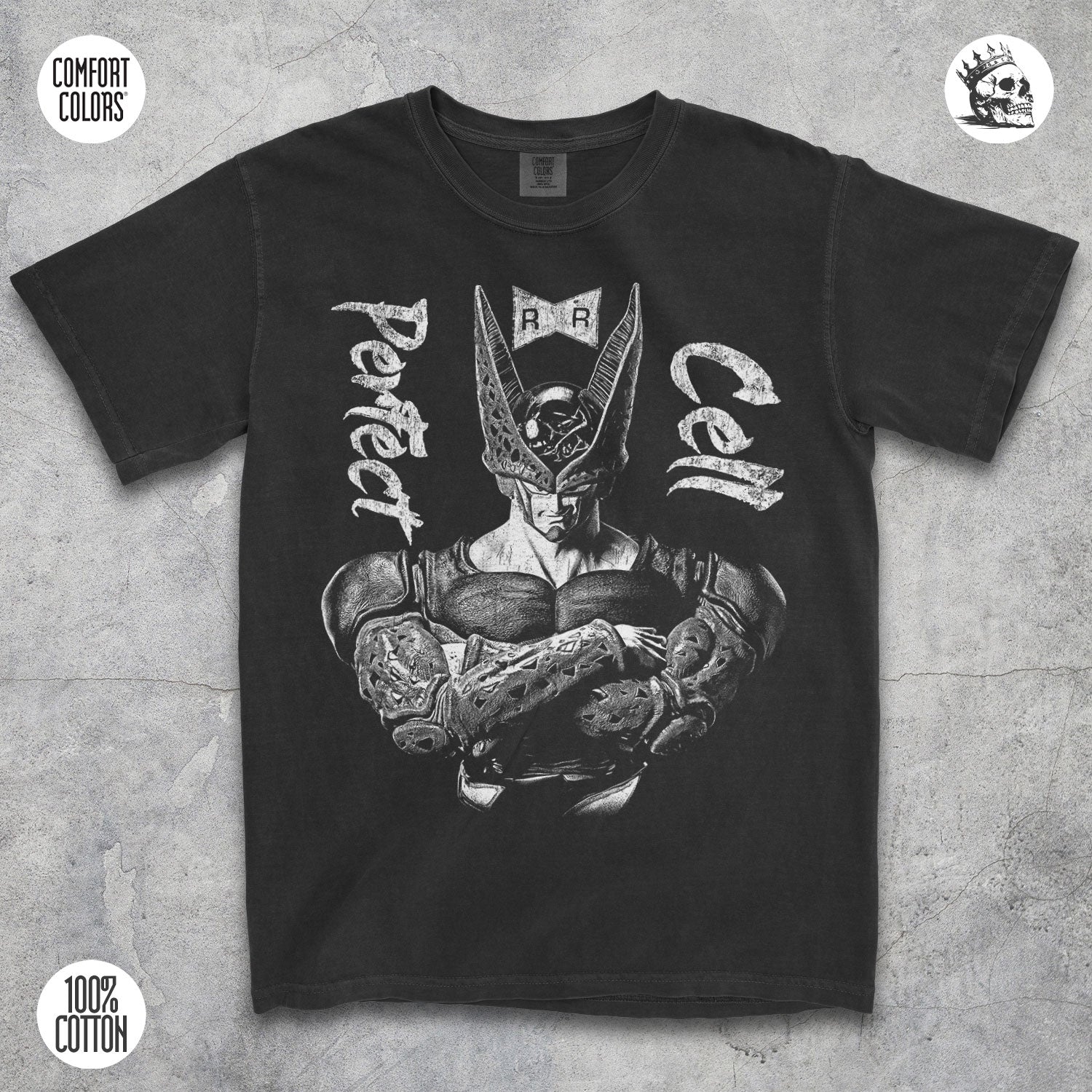 Perfect Cell Dragon Ball Z anime graphic t-shirt by Cruel Royalty, vintage streetwear on Comfort Colors.