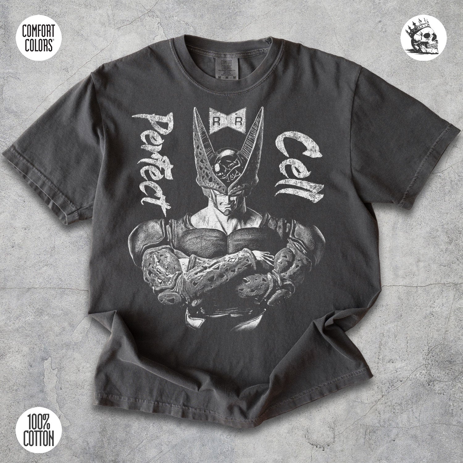 Perfect Cell Dragon Ball Z anime graphic t-shirt by Cruel Royalty, vintage streetwear on Comfort Colors.
