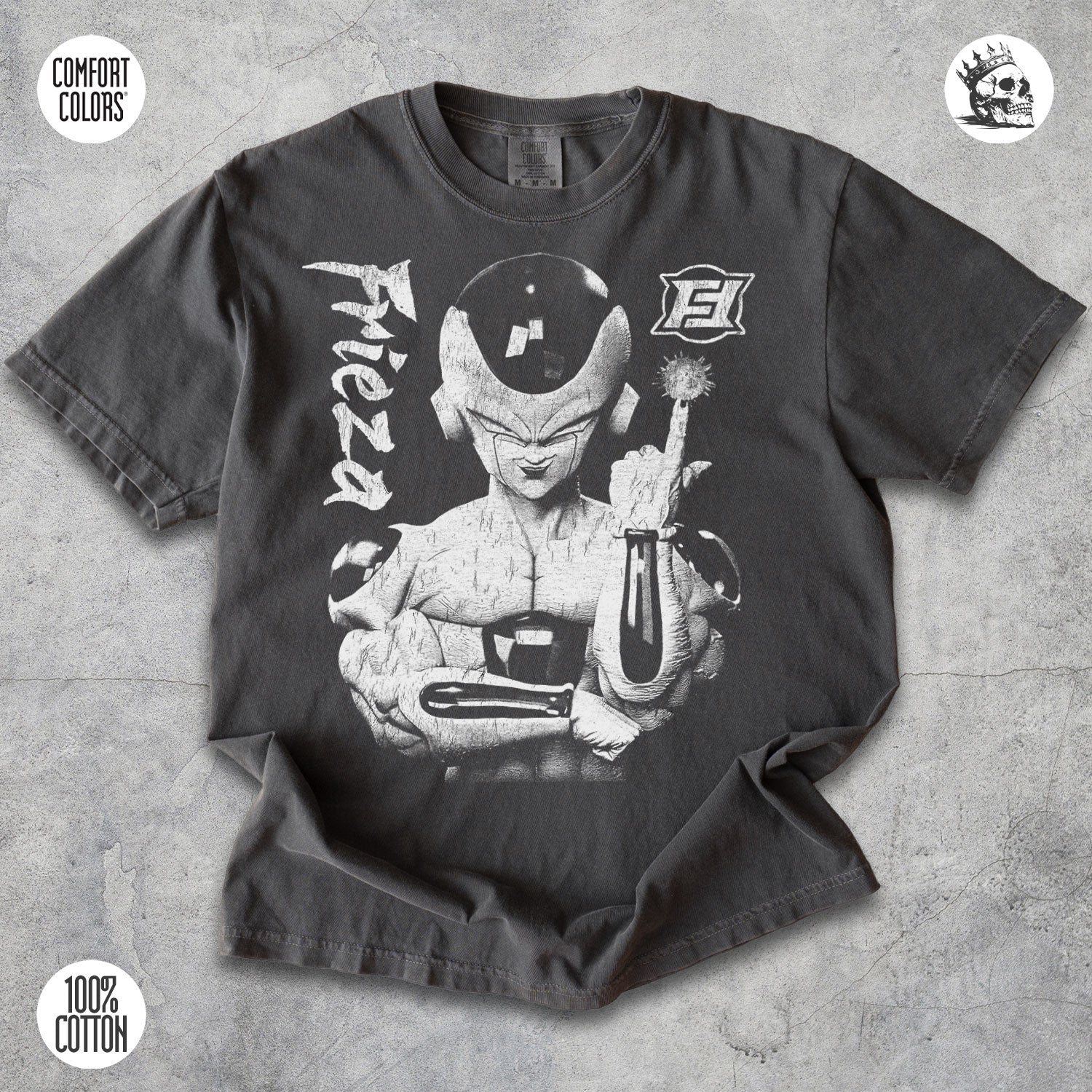 Frieza Dragon Ball Z anime graphic t-shirt by Cruel Royalty, vintage DBZ streetwear on Comfort Colors.