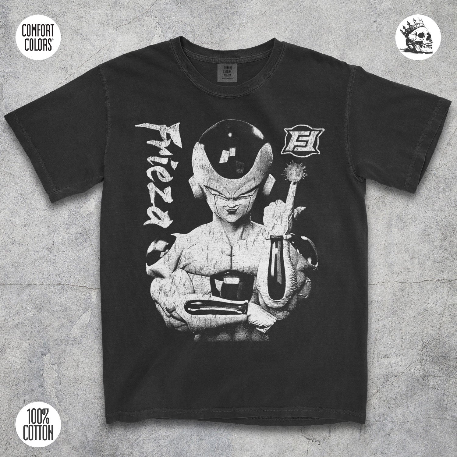 Frieza Dragon Ball Z anime graphic t-shirt by Cruel Royalty, vintage DBZ streetwear on Comfort Colors.