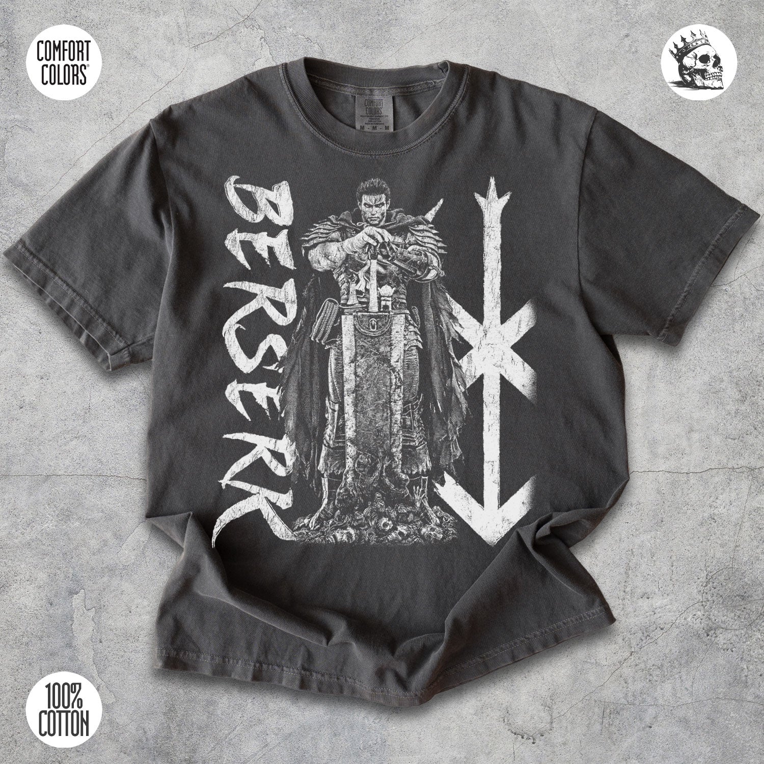 Guts Berserk Black Swordsman anime t-shirt by Cruel Royalty, vintage dark fantasy streetwear on Comfort Colors.