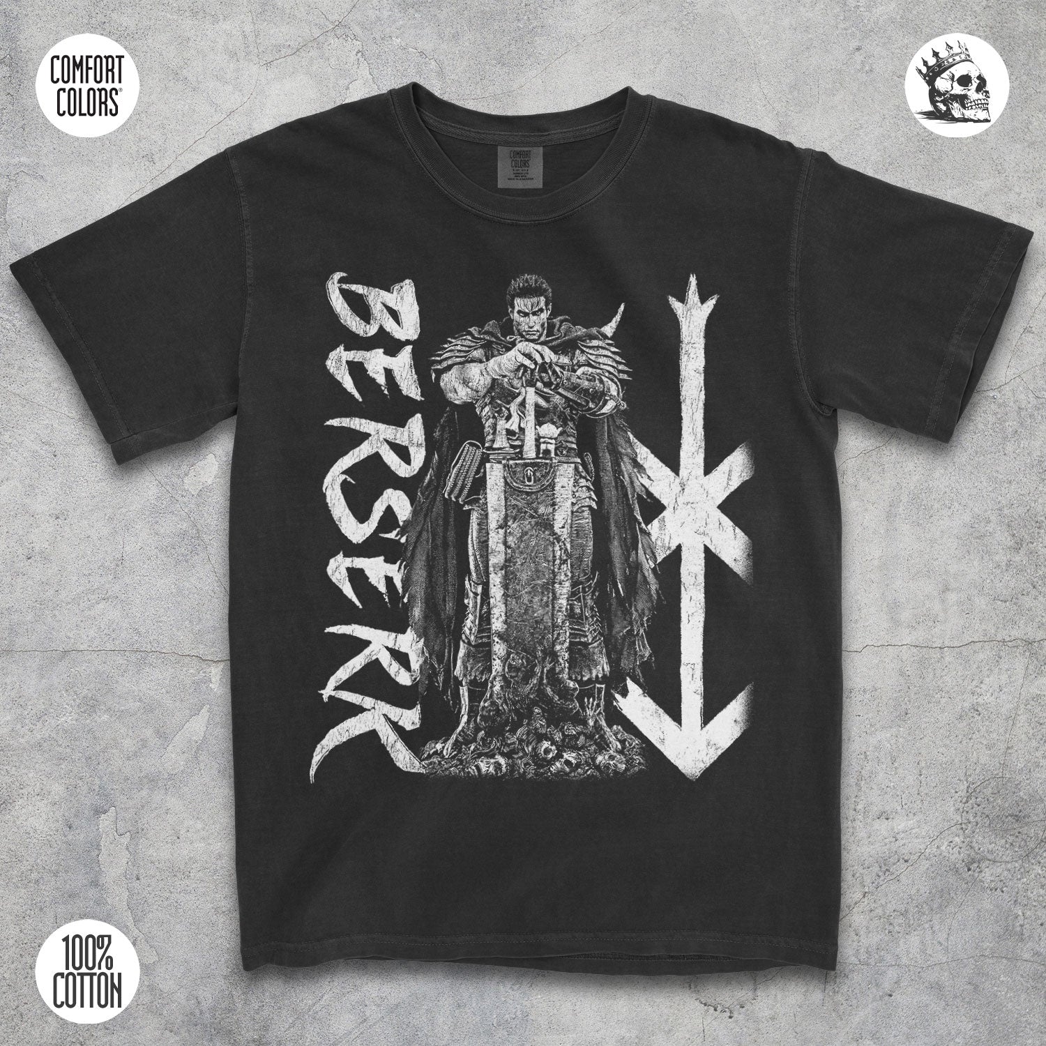 Guts Berserk Black Swordsman anime t-shirt by Cruel Royalty, vintage dark fantasy streetwear on Comfort Colors.