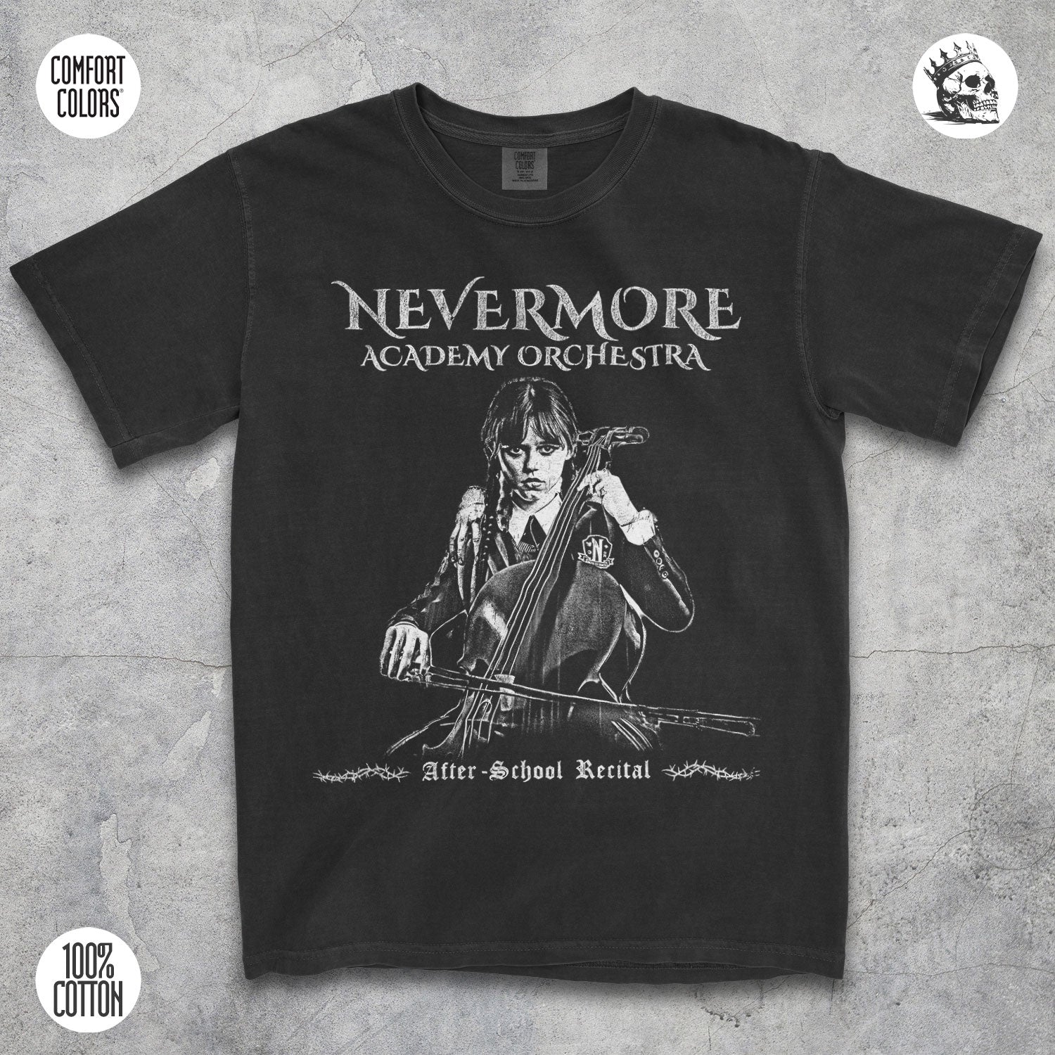 Wednesday Addams gothic Nevermore Academy t-shirt by Cruel Royalty, vintage streetwear on Comfort Colors.