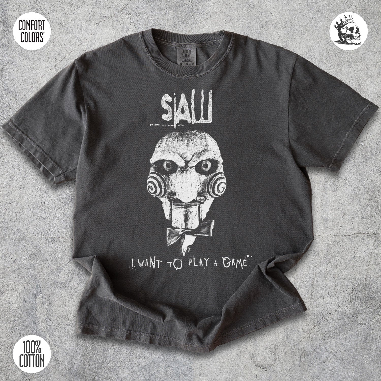 Billy Puppet Saw horror movie graphic t-shirt by Cruel Royalty, vintage Halloween streetwear on Comfort Colors.