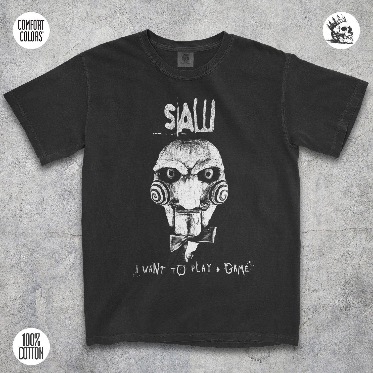 Billy Puppet Saw horror movie graphic t-shirt by Cruel Royalty, vintage Halloween streetwear on Comfort Colors.