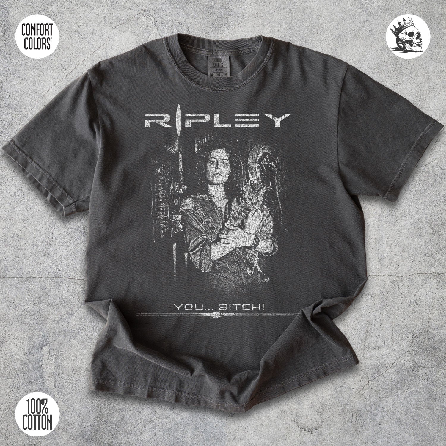 Ripley Alien Ellen Ripley sci-fi horror t-shirt by Cruel Royalty, vintage movie streetwear on Comfort Colors.