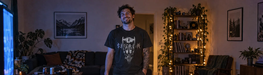 Man in a living room at night wearing the Cruel Royalty Dark Lord Sauron graphic tee, torn gift wrap on the floor