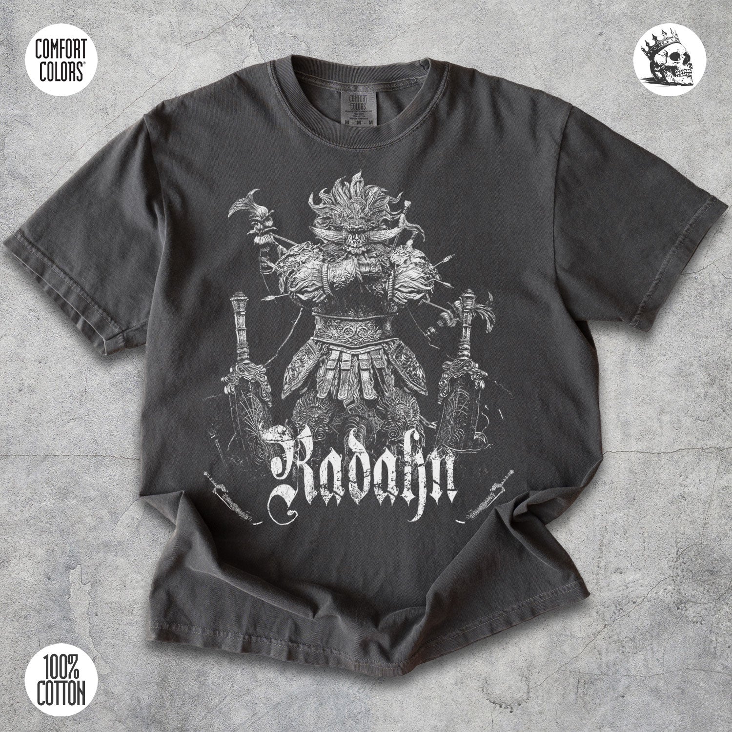 Radahn Elden Ring Starscourge graphic t-shirt by Cruel Royalty, vintage fantasy streetwear on Comfort Colors.