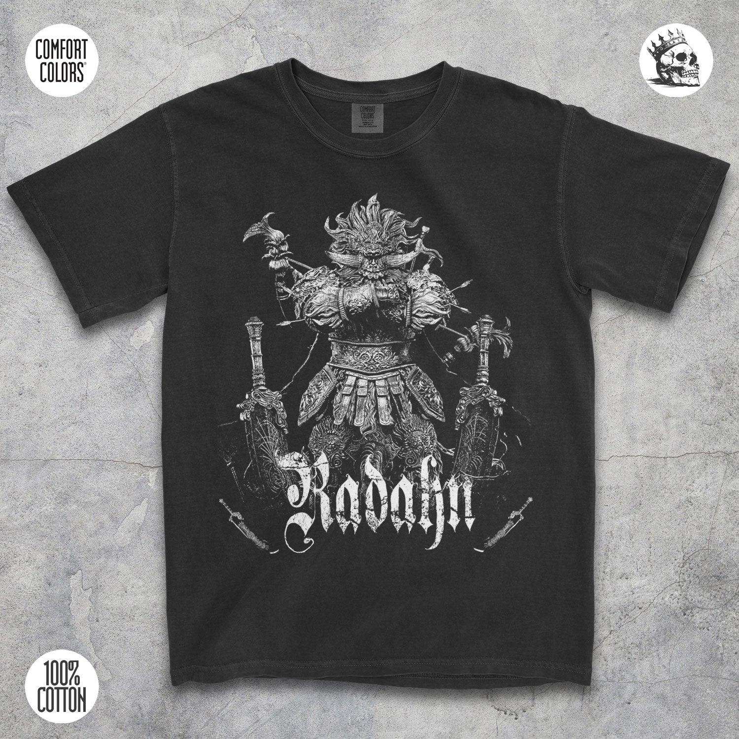 Radahn Elden Ring Starscourge graphic t-shirt by Cruel Royalty, vintage fantasy streetwear on Comfort Colors.