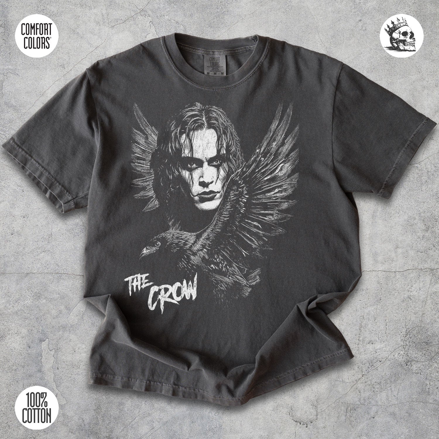 The Crow 1994 Brandon Lee movie t-shirt by Cruel Royalty, vintage gothic streetwear on Comfort Colors.