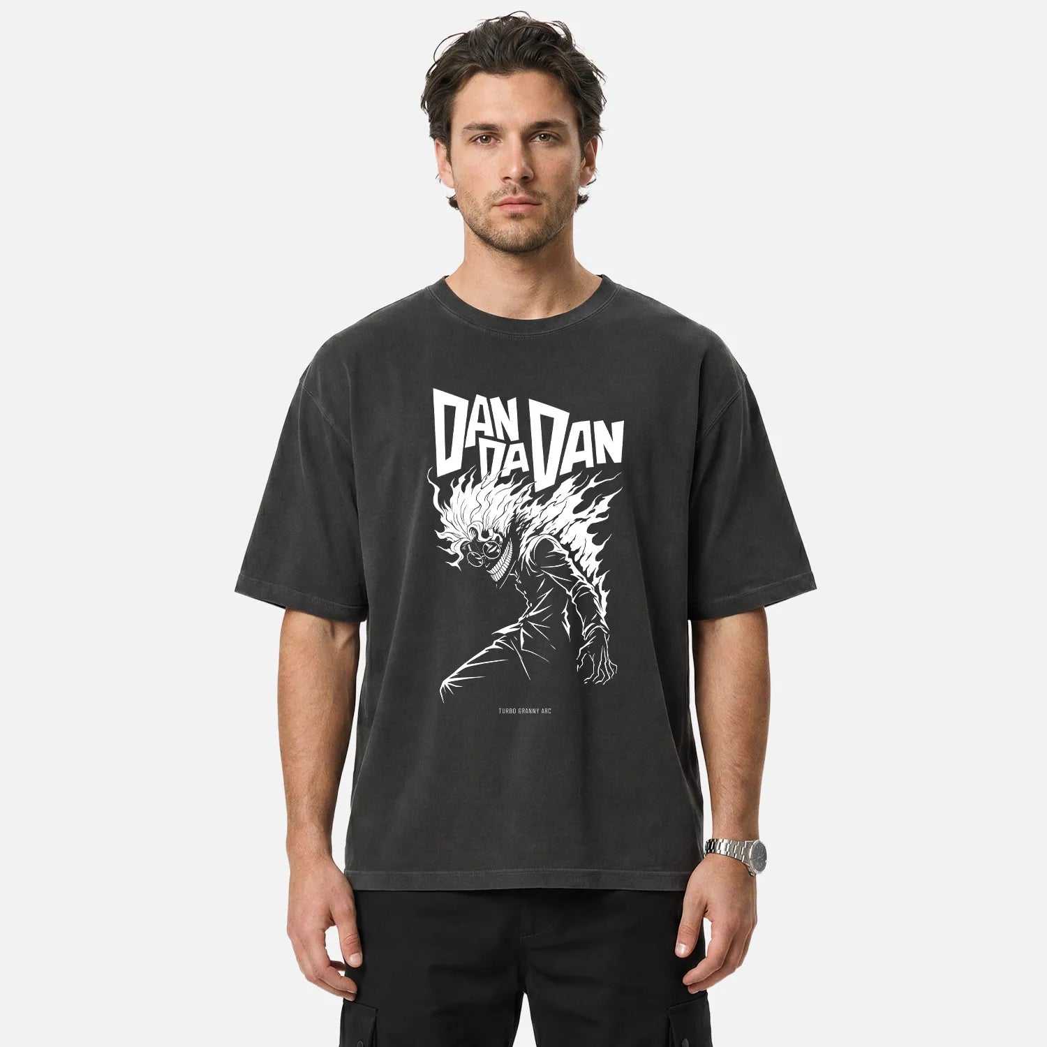 Dan Da Dan Turbo Granny Arc tee with high-contrast yokai portrait graphic. Premium supernatural anime shirt on Comfort Colors by Cruel Royalty.