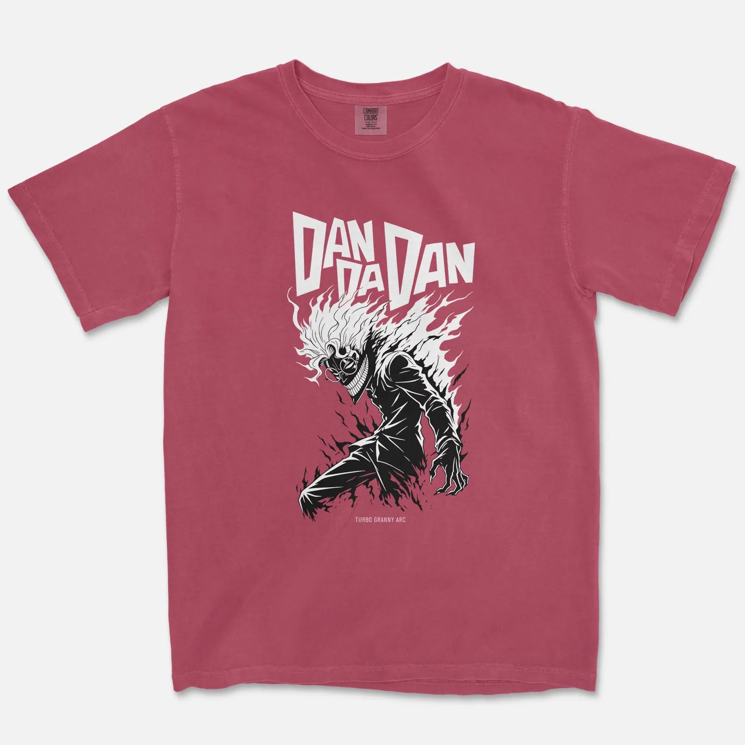 Dan Da Dan Turbo Granny Arc tee with high-contrast yokai portrait graphic. Premium supernatural anime shirt on Comfort Colors by Cruel Royalty.