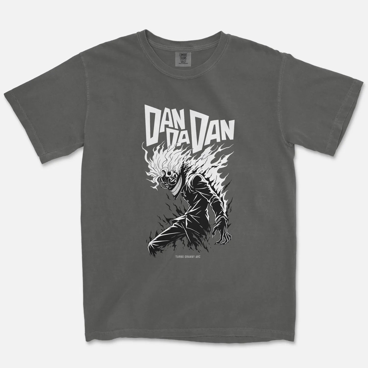Dan Da Dan Turbo Granny Arc tee with high-contrast yokai portrait graphic. Premium supernatural anime shirt on Comfort Colors by Cruel Royalty.