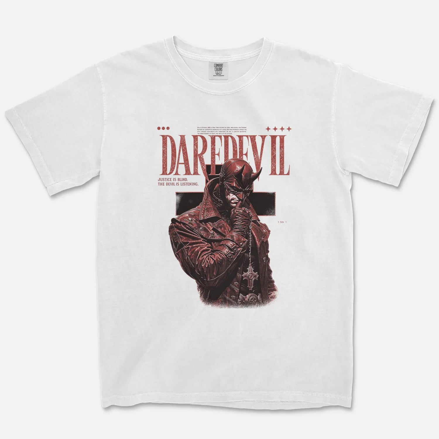 Hell's Kitchen Devil Tee – Justice Is Blind The Devil Is Listening White Shirt - Comfort Colors