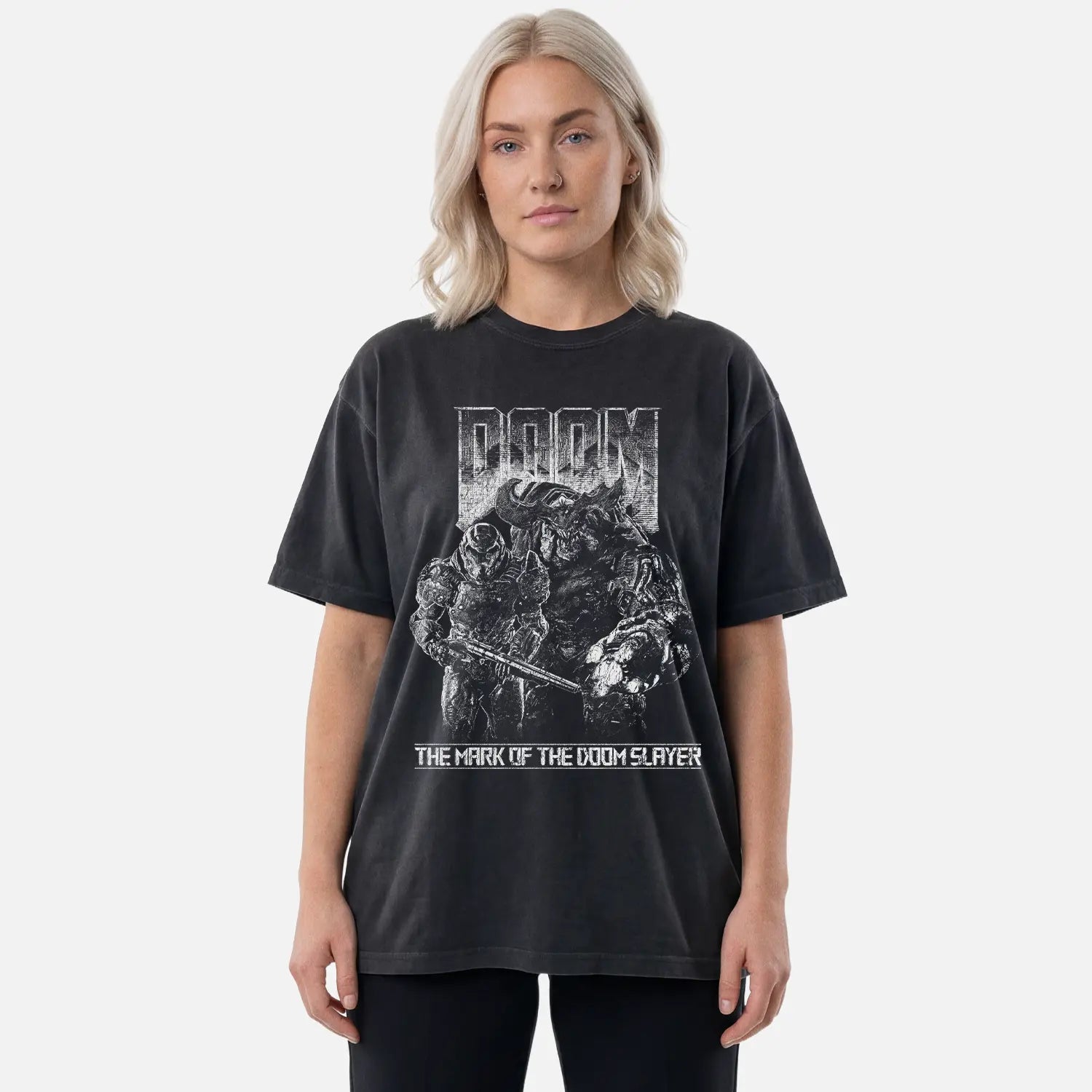Cruel Royalty Doom Slayer DOOM graphic tee model — heavyweight Comfort Colors limited drop