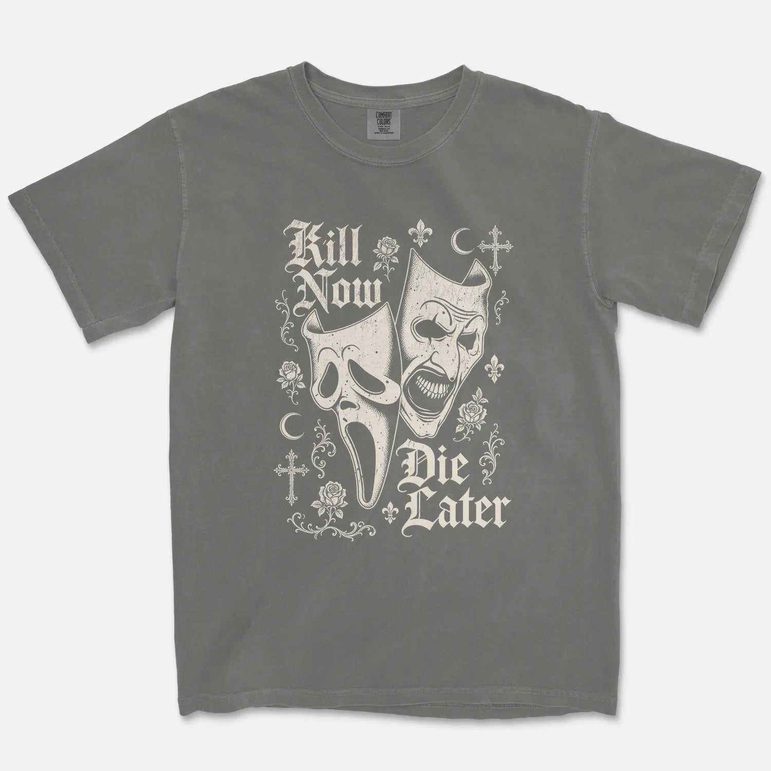 Kill Now Die Later Tee – Gothic Masks Shirt (Pepper) - Cruel Royalty
