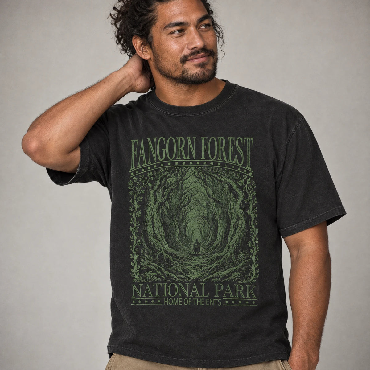 Ancient forest tree giant national park tee on a model, black