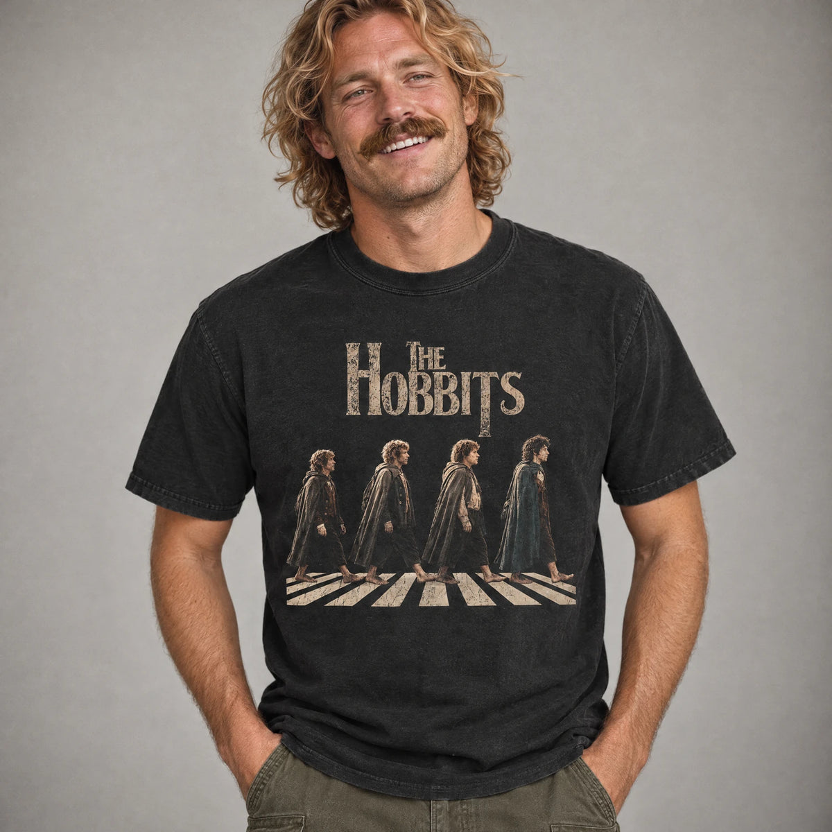 Model wearing Barefoot Four Tee, epic fantasy crosswalk shirt in black Comfort Colors cotton