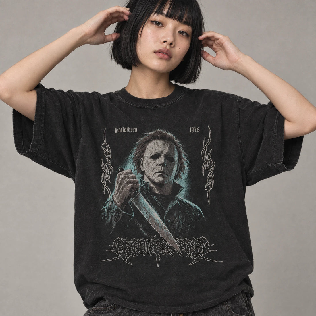 Boogeyman black metal slasher graphic tee on a model, black