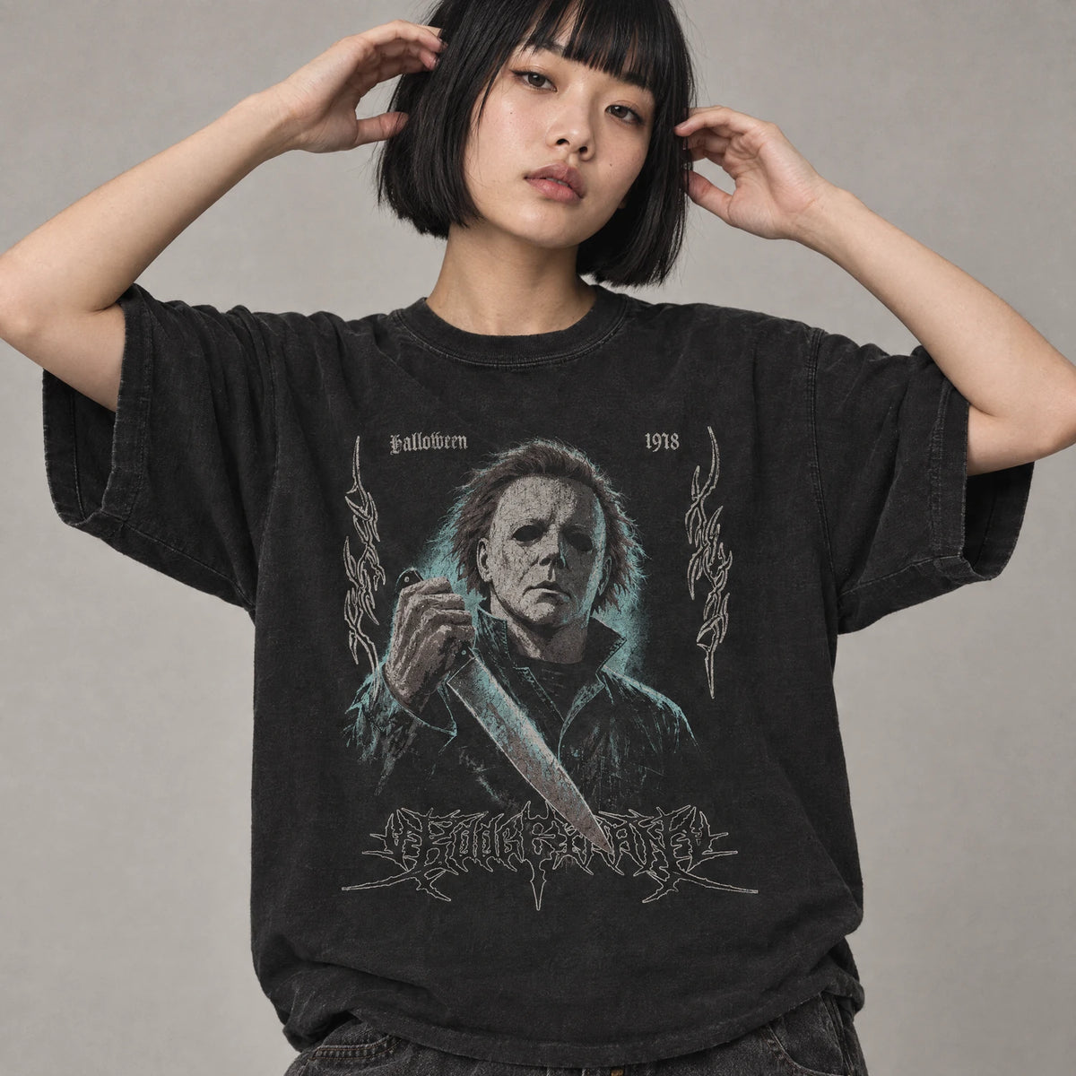 Boogeyman black metal slasher graphic tee on a model, black