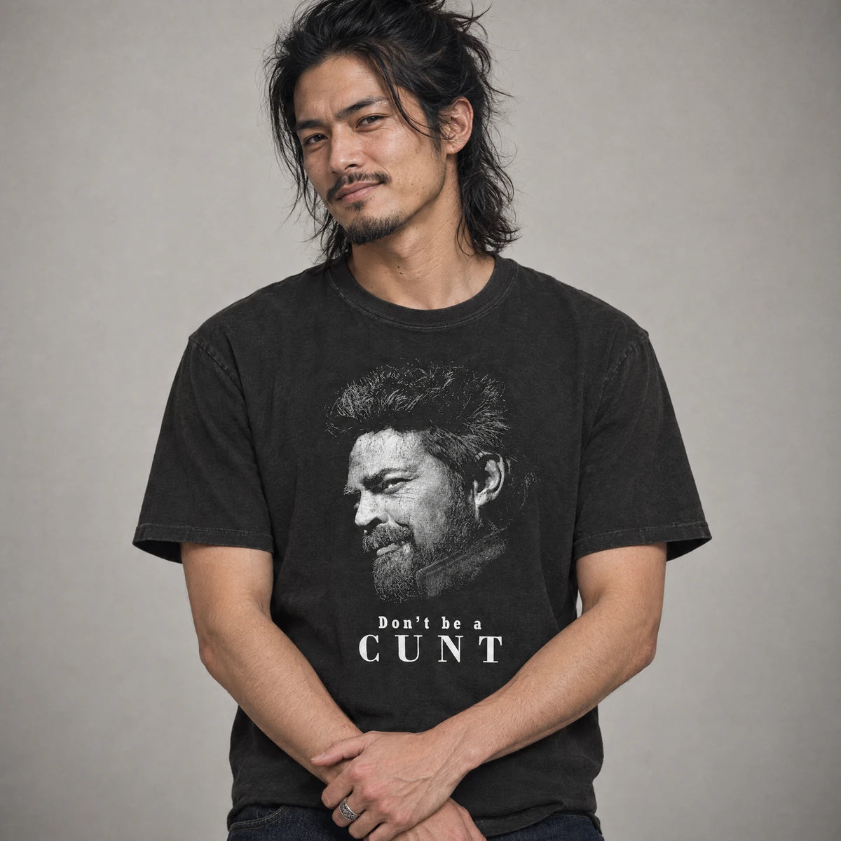 Brutal advice antihero superhero satire tee on a model, black