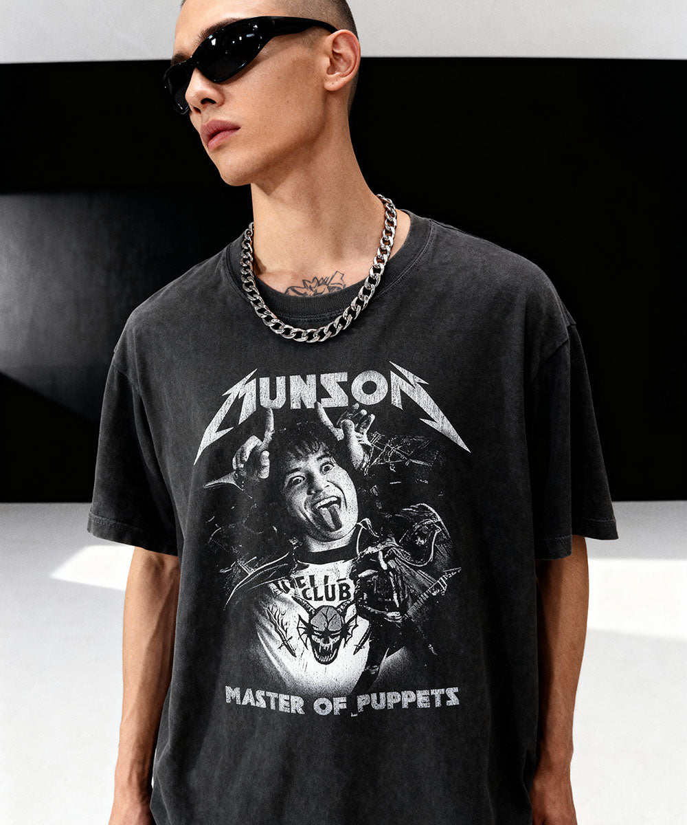 Model wearing Cruel Royalty Eddie Munson Stranger Things graphic t-shirt — vintage TV series streetwear collection