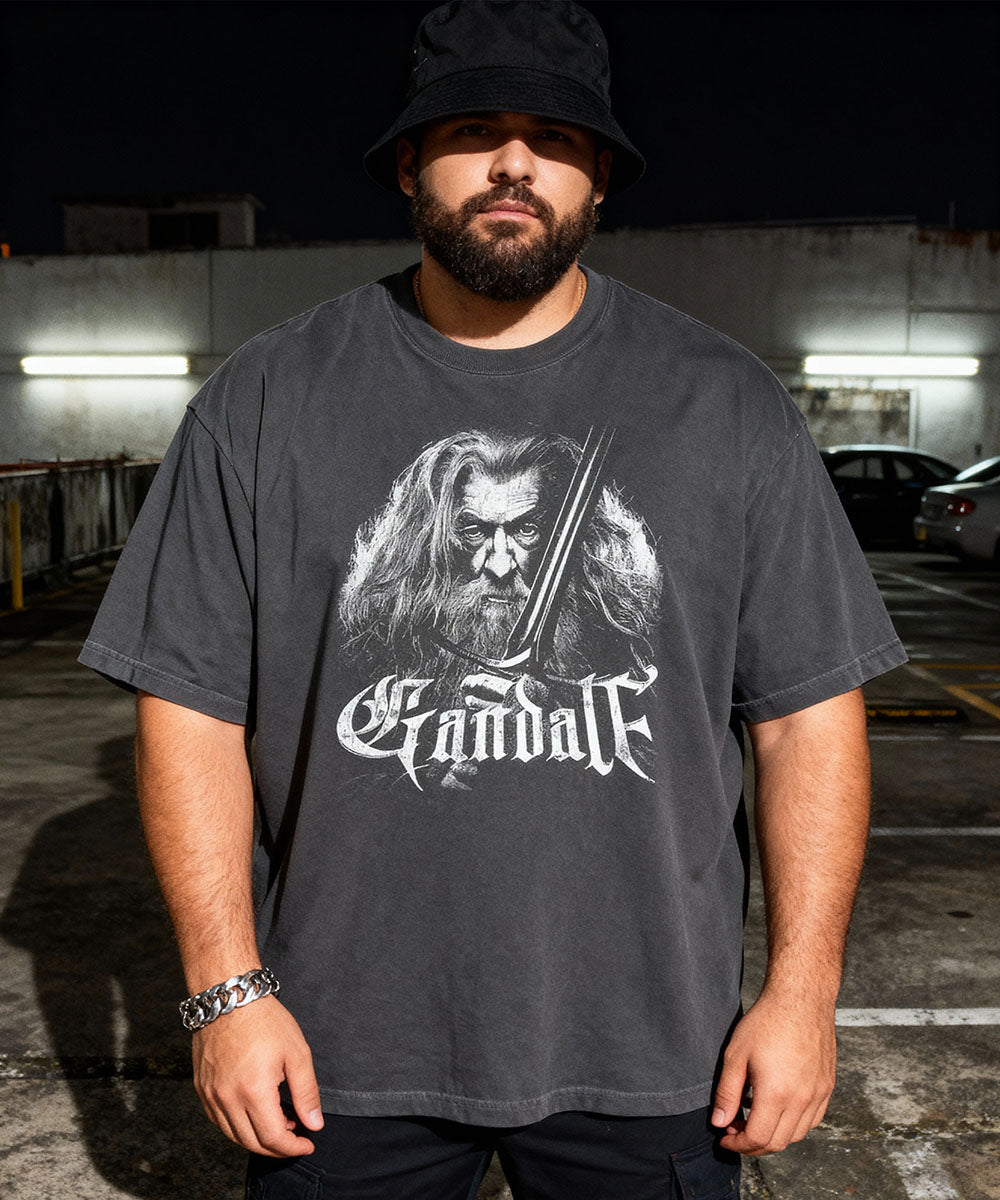 Model wearing Cruel Royalty Gandalf Lord of the Rings graphic t-shirt — vintage movie streetwear collection