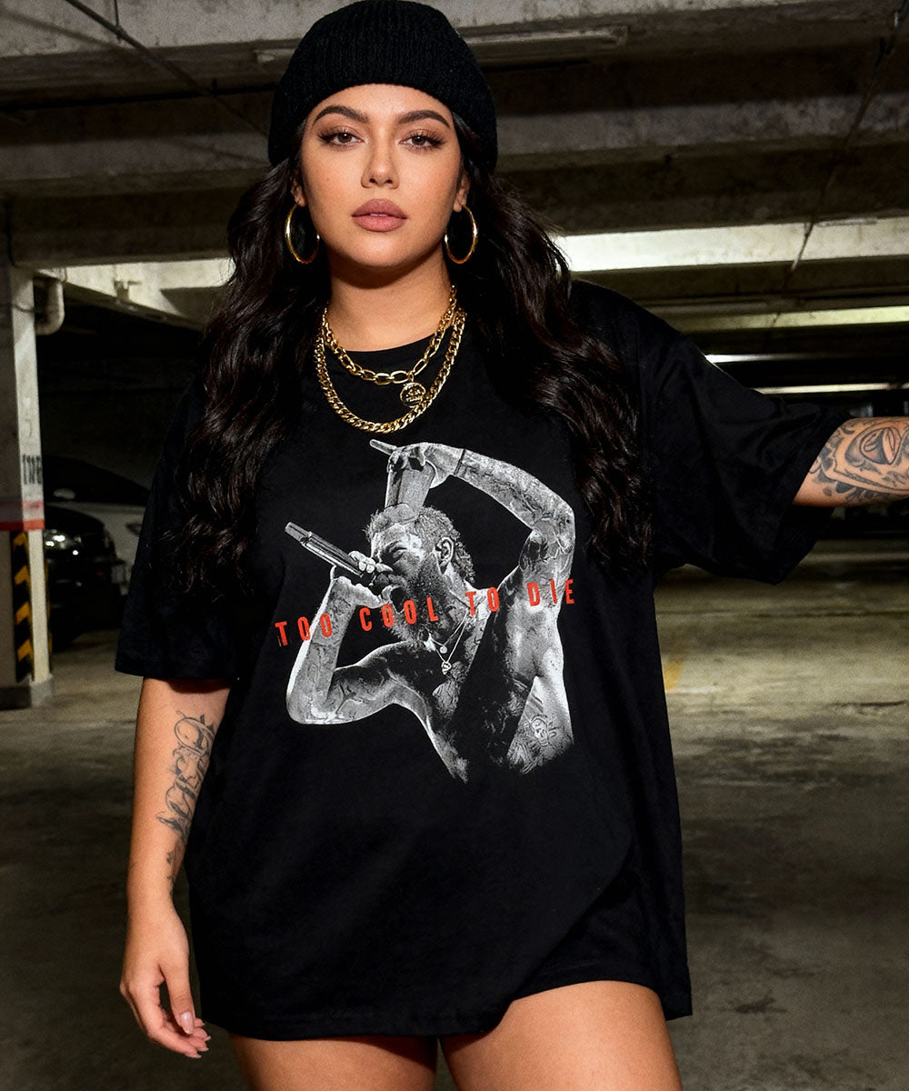 Model wearing Cruel Royalty Post Malone graphic t-shirt — vintage music streetwear and rapper merch-inspired fashion