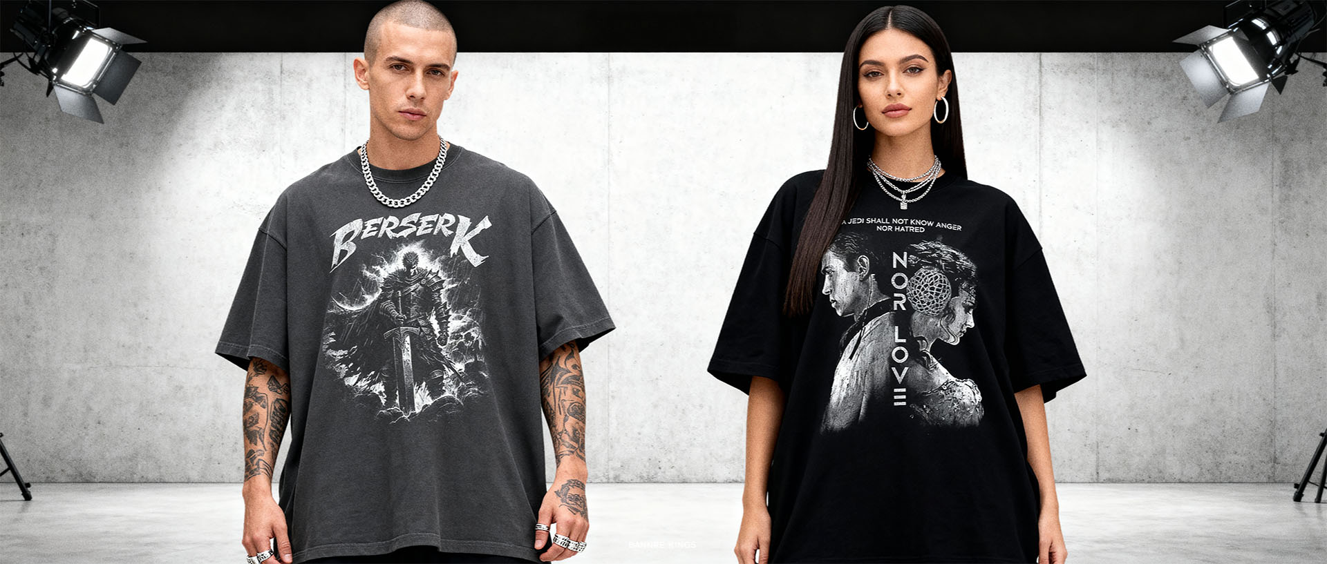 Models wearing Cruel Royalty graphic t-shirts — vintage streetwear and urban fashion collection USA