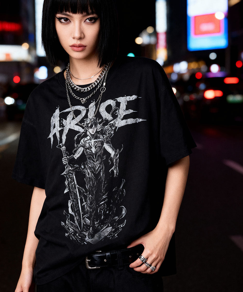 Model wearing Cruel Royalty Solo Leveling graphic t-shirt — premium anime streetwear and manga-inspired fashion