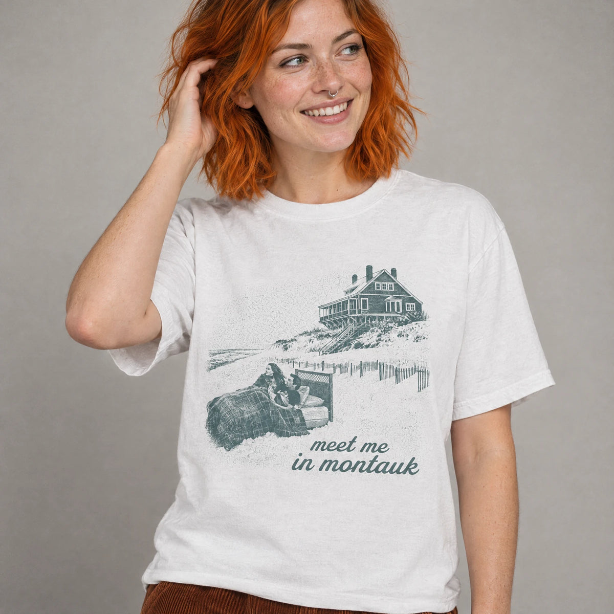 Meet Me in Montauk Eternal Sunshine of the Spotless Mind tee on a model, white