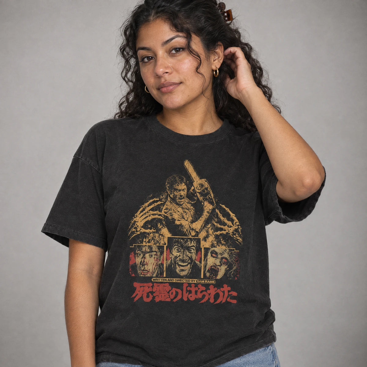 Evil Dead Japanese poster Sam Raimi horror tee on a model, black