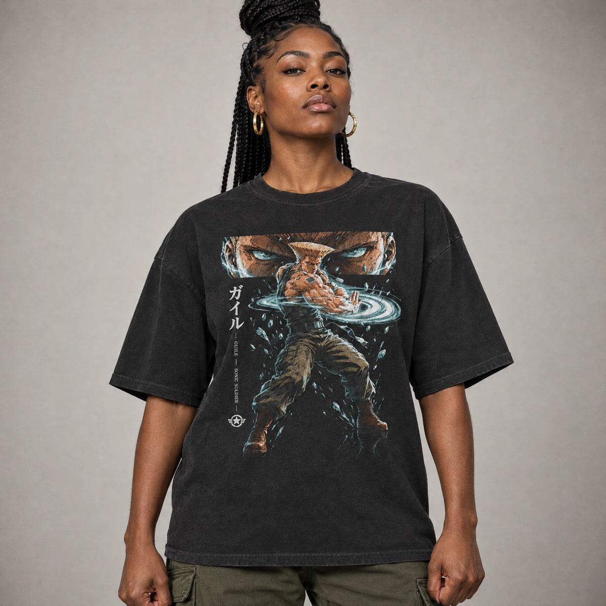 Flat-top soldier retro arcade fighter tee on a model, black