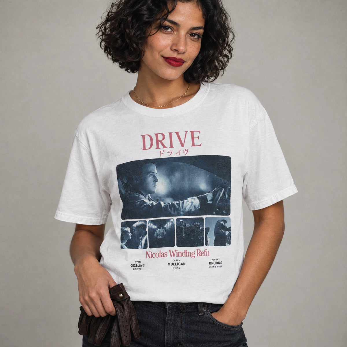 Getaway driver neo-noir LA night tee on a model, white
