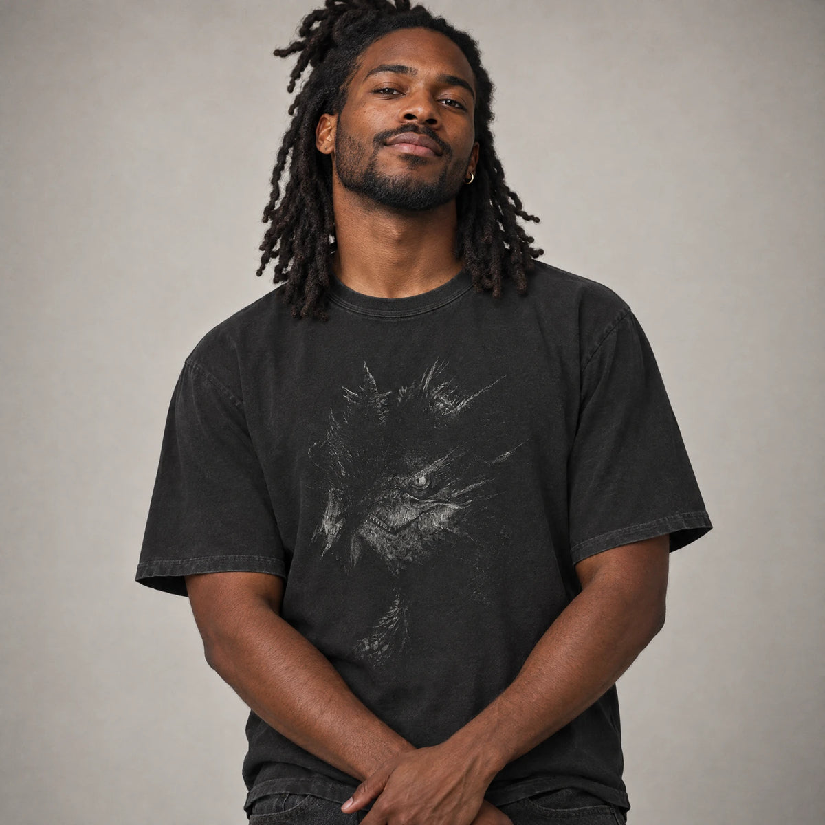 Gold hoarder dark fantasy dragon tee on a model, black