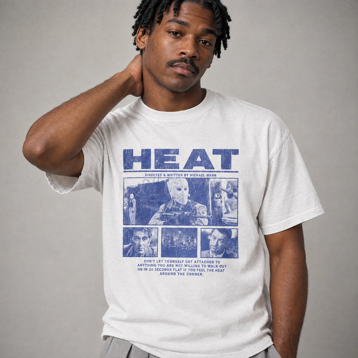 Heat 1995 Michael Mann movie tee on a model, white