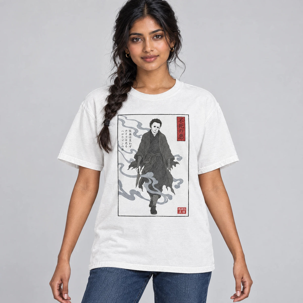 Immortal evil ukiyo-e masked slasher graphic tee on a model, white