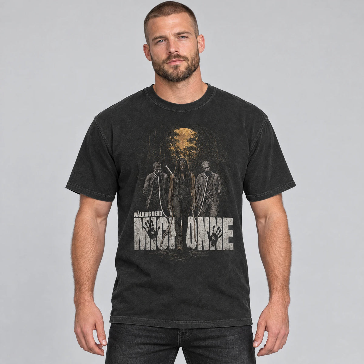 Katana survivor zombie apocalypse graphic tee on a model, black