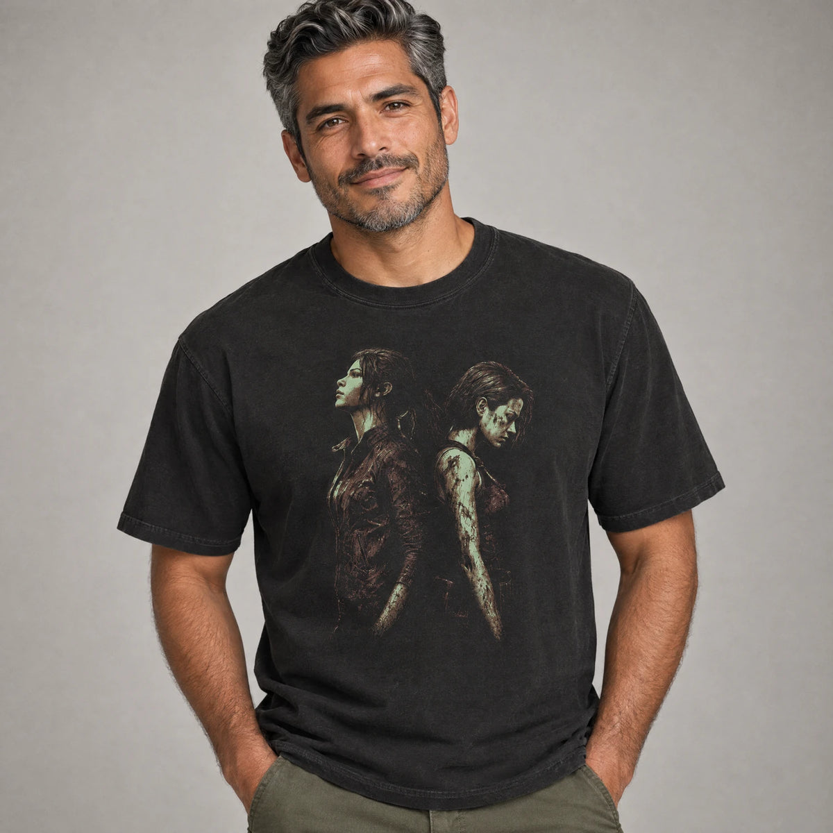 Jill Valentine and Claire Redfield survival horror tee on a model, black