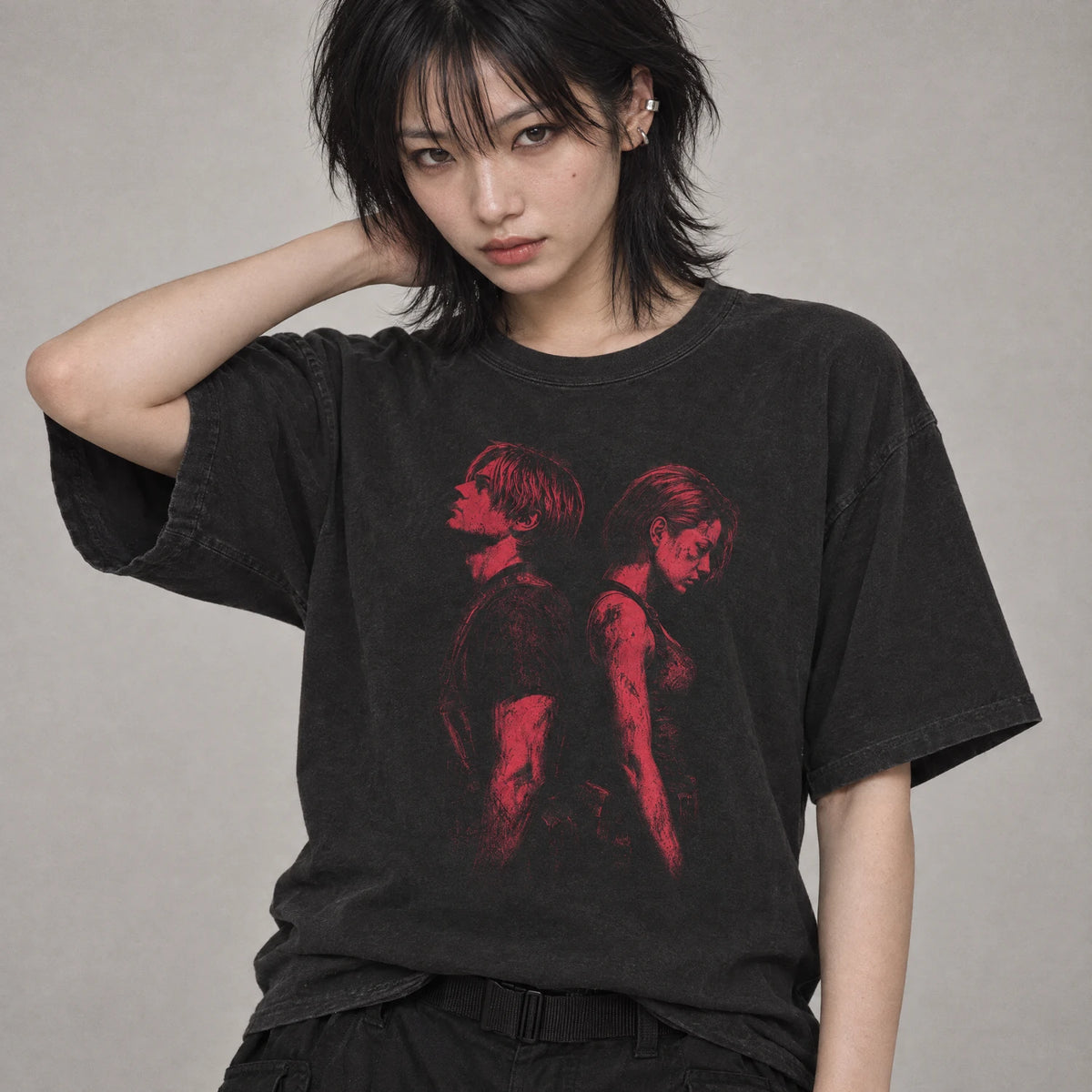 Leon Kennedy and Jill Valentine back to back survival horror tee on a model, black