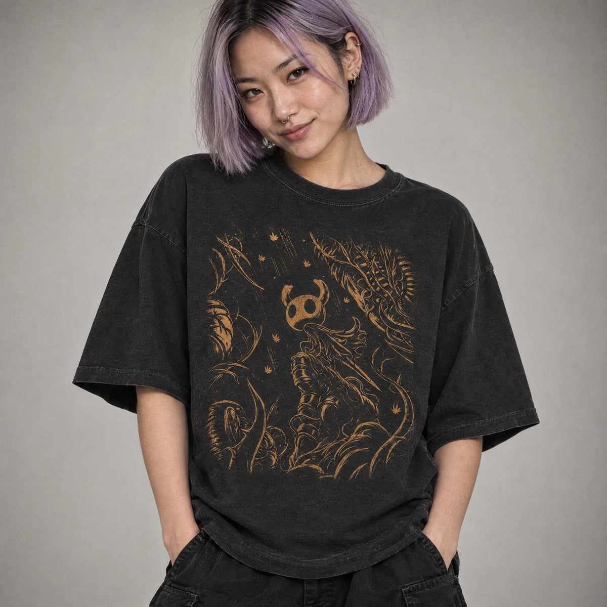 Little bug knight dark fantasy indie game tee on a model, black